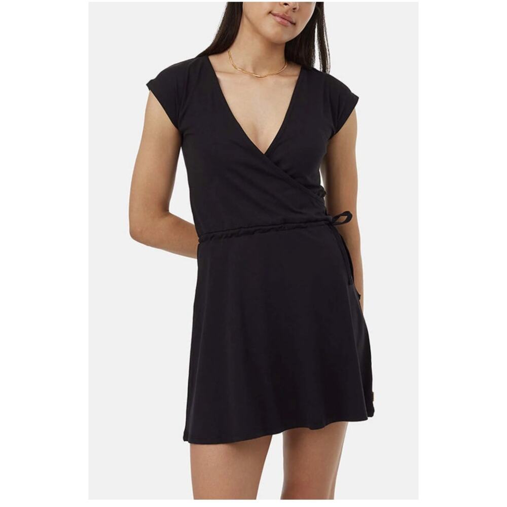 Tentree Sustainable Faux Wrap Belt Tie Mini Black Dress Tencel NWOT (size M)